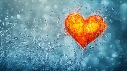 Poster - Heart Splashed in Water with Bubbles on a Blue Background, Creating a Stunning Visual of Love and Emotion with a Dynamic and Engaging Aesthetic Appeal