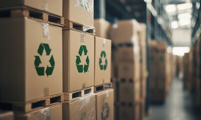 Aufkleber - A row of cardboard boxes with recycle symbols stacked on pallets in a warehouse.