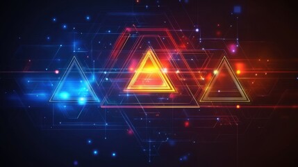 Poster - Abstract geometric background with glowing triangular shapes in vibrant colors of blue, orange, and red, creating a modern and futuristic digital aesthetic