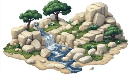 Wall Mural - The tranquil mountain river flows over smooth stones, creating small waterfalls surrounded by lush greenery and trees in a natural setting