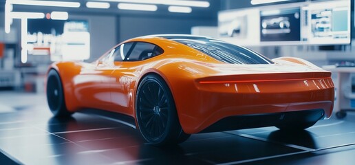 Poster - a sleek, orange sports car on a test track.