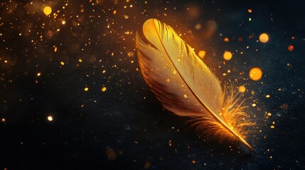 Poster - Golden Feather on Dark Background with Glittering Particles Creating a Magical and Enchanting Atmosphere Suitable for Fantasy Themes and Artistic Projects