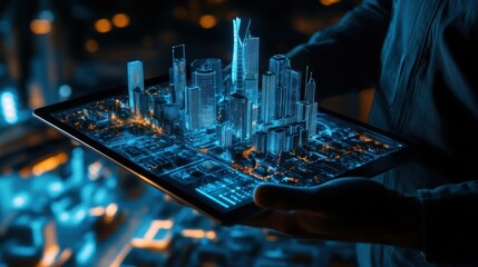 Poster - Futuristic Urban Landscape on Tablet Displaying 3D Digital Model of Smart City with Skyscrapers, Roads, and Illuminated Structures at Night