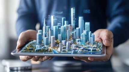Poster - Innovative Virtual City Model Displayed on a Digital Tablet Showcasing Urban Architecture and Futuristic Technology in a Modern Business Environment