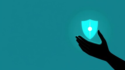 Poster - Abstract concept of digital security illustrated with a hand holding a glowing shield symbol on a teal background representing online protection and safety measures.