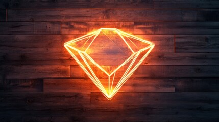 Poster - Vibrant Neon Diamond Icon Illuminated Against Dark Wooden Background in a Stylish and Modern Graphic Representation Ideal for Creative Projects and Designs
