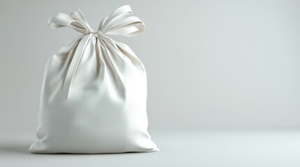 Poster - soft white fabric bag with a bow tied closure on a minimalist background, perfect for packaging, gif