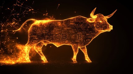 Poster - Illuminated Digital Bull Symbolizing Cryptocurrency Market Growth and Prosperity in a Futuristic Financial Landscape with Blockchain Elements