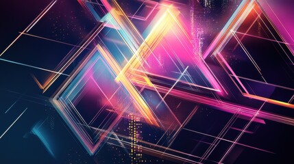 Poster - Abstract geometric design with vibrant colors and neon lights creating a futuristic atmosphere in a digital art composition, perfect for modern backgrounds.