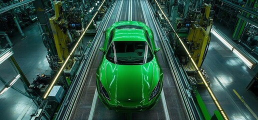Aufkleber - A vibrant green sports car on an automated assembly line in a modern factory.