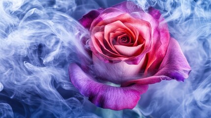 Poster - captivating rose in colorful smoke, a stunning display of nature's beauty with swirling mist and vib