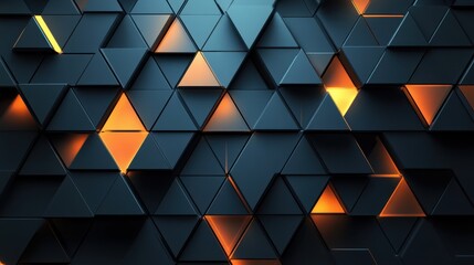 Poster - Abstract geometric background with dark triangular shapes and glowing orange highlights in a modern digital design suitable for tech, art, or creative projects.