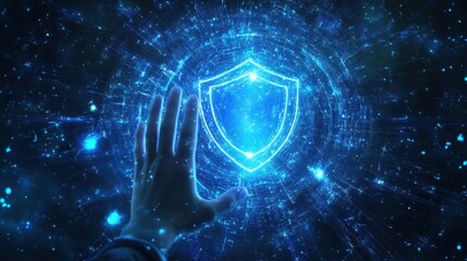 Poster - Futuristic Hand Reaching Towards a Digital Shield Representing Cybersecurity and Data Protection in a High-Tech Environment