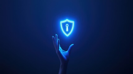 Poster - A Futuristic Glowing Shield Icon Representing Security and Protection in the Digital Age with a Human Hand Demonstrating Technology and Innovation