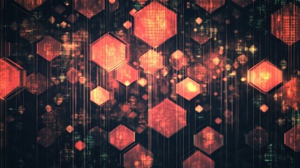 Poster - Abstract geometric pattern with glowing hexagons and vibrant lights in a dark background creating a modern digital atmosphere for creative projects and designs