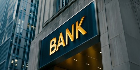 The exterior of the modern bank building features an illuminated sign that reads 