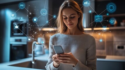 Poster - A young woman using a smartphone in her smart kitchen, with glowing icons representing connected devices and data flows.