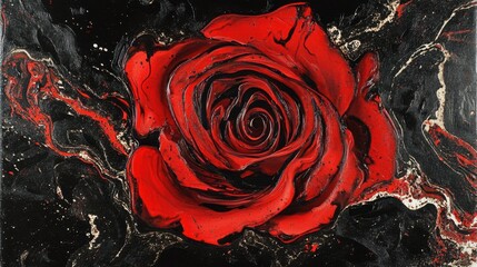 Poster - Vibrant Red Rose Abstract Painting with Swirling Black Background and Artistic Fluid Dynamics Capturing Nature's Beauty and Emotion