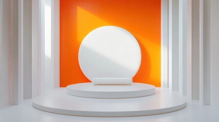 Poster - Modern Minimalist Studio with Bright Orange Accent Wall and Circular Platform, Ideal for Creative Showcases and Design Projects