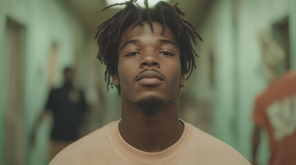 Wall Mural - An African American man with dreadlocks stands in a hallway.