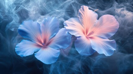 Poster - Two Delicate Blue Hibiscus Flowers with Soft Pastel Colors Surrounded by Wispy Smoke, Creating a Dreamy and Ethereal Atmosphere for Nature and Floral Themes