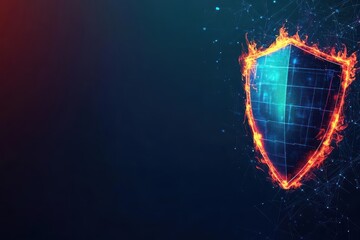 Poster - Cybersecurity shield surrounded by flames, flat design illustration