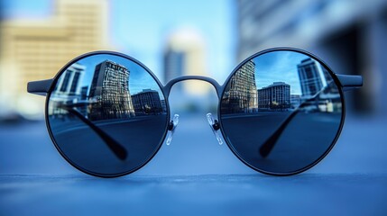 A pair of sunglasses sitting on a table, great for illustrating fashion or leisure concepts