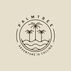 Wall Mural - palm tree and ocean waves line art logo vector simple minimalist illustration template icon graphic 