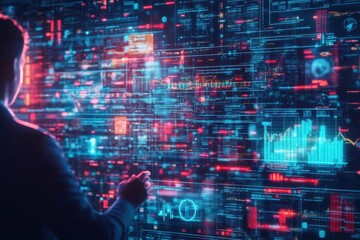 Poster - Global business network concept with digital holographic screens, executives interacting, shot from over the shoulder, cool futuristic lighting