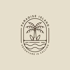 Wall Mural - palm tree and surfing beach logo line art simple minimalist vector illustration template icon design
