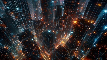 Poster - A network of high-rise buildings from different cities around the world, connected by glowing lines.