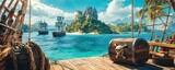Pirate ship with treasure chest and tropical island in background. Adventure and exploration concept.