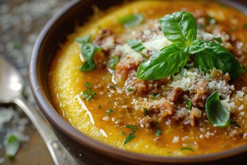 Wall Mural - A warm bowl of soup filled with tender meat, melted cheese, and fresh basil