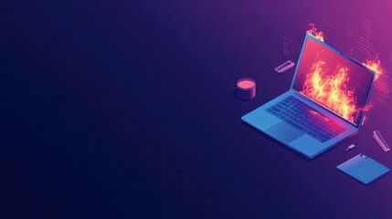 Poster - Laptop overheating with flames, digital workspace, flat design illustration