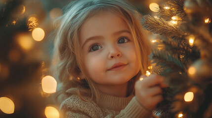 Wall Mural - A little child by the New Year tree. Children decorate the Christmas tree