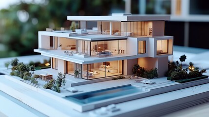 Poster - A detailed model of a modern house with a swimming pool and landscaping.