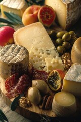 Poster - Wooden cutting board with various types of cheese on top