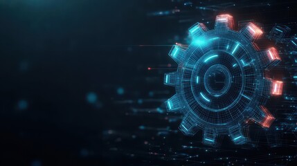 Poster - Rotating holographic gear, glowing edges, wireframe design, set against a sleek black background, scifi ambiance, precise mechanical details