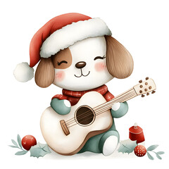 Wall Mural - A dog is holding a guitar and wearing a Santa hat