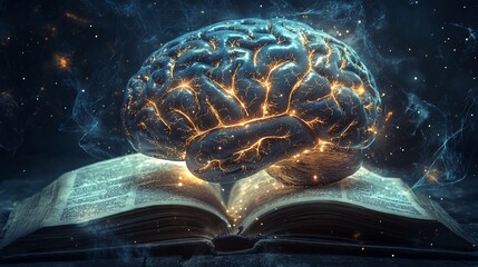 Poster - A glowing brain sits atop an open book, surrounded by blue smoke and glowing stars.