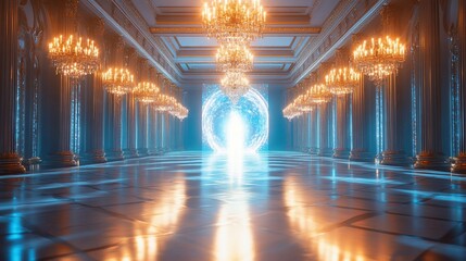 Poster - A grand hall with glowing portal, chandeliers, and columns.