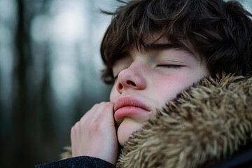 A young boy with his eyes closed is wrapped in a warm fur coat