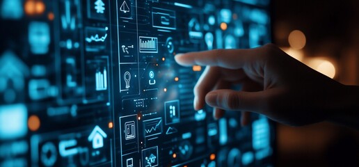 Aufkleber - A hand reaches out to touch a digital interface filled with data and icons, representing modern technology and innovation.
