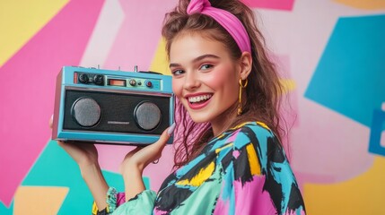 A young woman in a colorful outfit smiles while holding a retro radio against a brightly colored background.