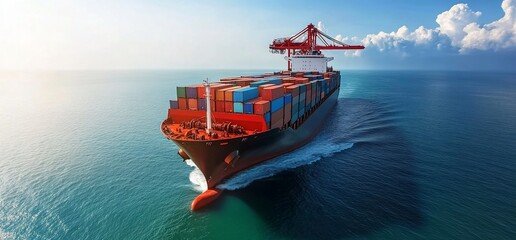 Poster - A large container ship sails across a calm blue ocean, carrying a cargo of containers, under a cloudy sky.
