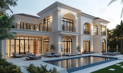 Poster - A modern luxury home with a swimming pool and a large backyard.