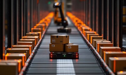 Fototapete - A robotic cart carrying boxes on a conveyor belt in a warehouse.