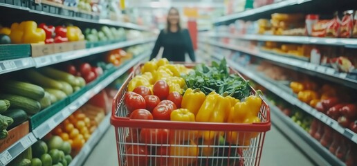 Fototapete - A shopping cart filled with fresh peppers and tomatoes in a supermarket aisle with a blurred woman walking towards the camera.