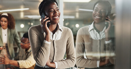 Poster - Woman, phone call and window at night in office with laugh with reflection, contact and networking at media company. African person, happy and smartphone for deal, overtime or talk at creative agency