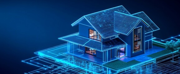 Poster - A wireframe digital model of a modern two-story house with a yard on a blue background.